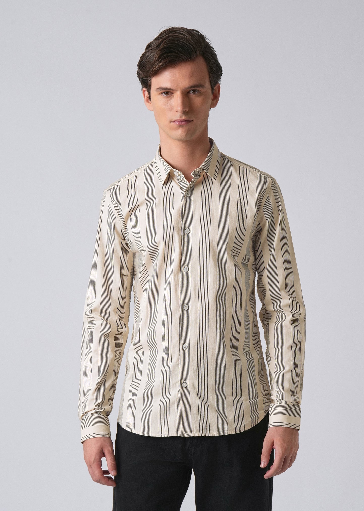 Cream Vertical Pin Stripe Cotton/Linen Shirt