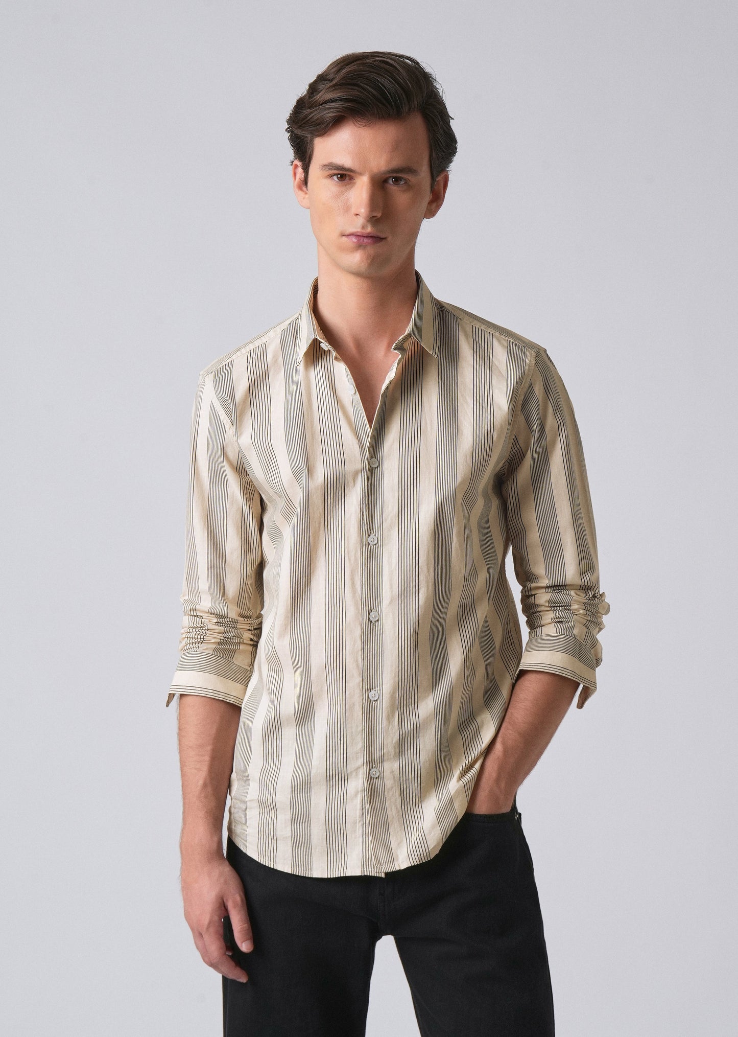 Cream Vertical Pin Stripe Cotton/Linen Shirt