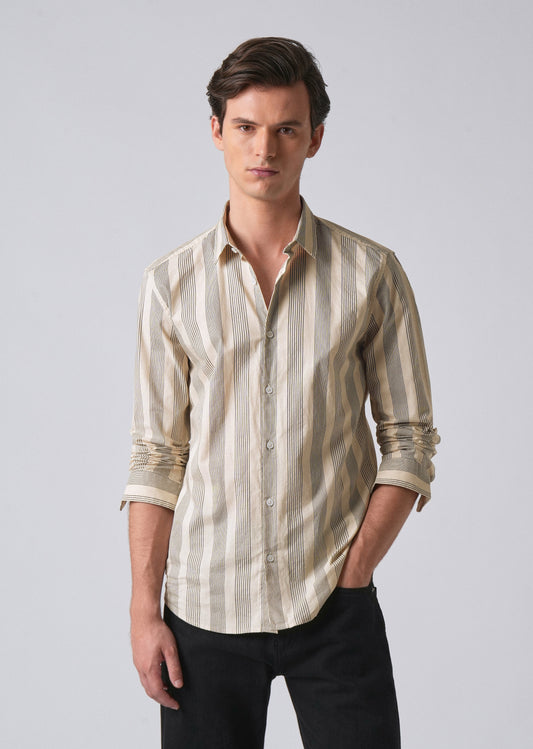 Cream Vertical Pin Stripe Cotton/Linen Shirt