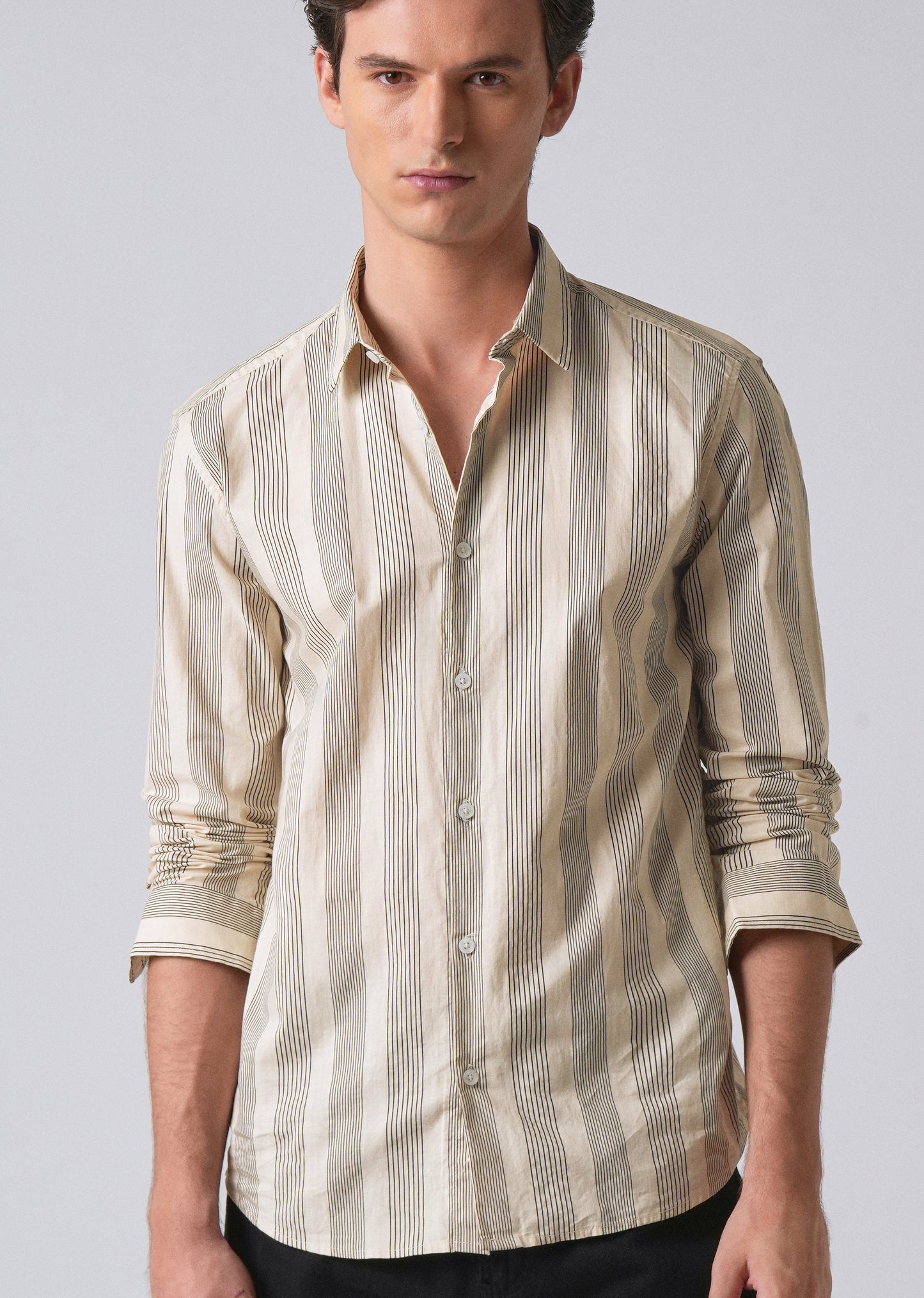 Cream Vertical Pin Stripe Cotton/Linen Shirt
