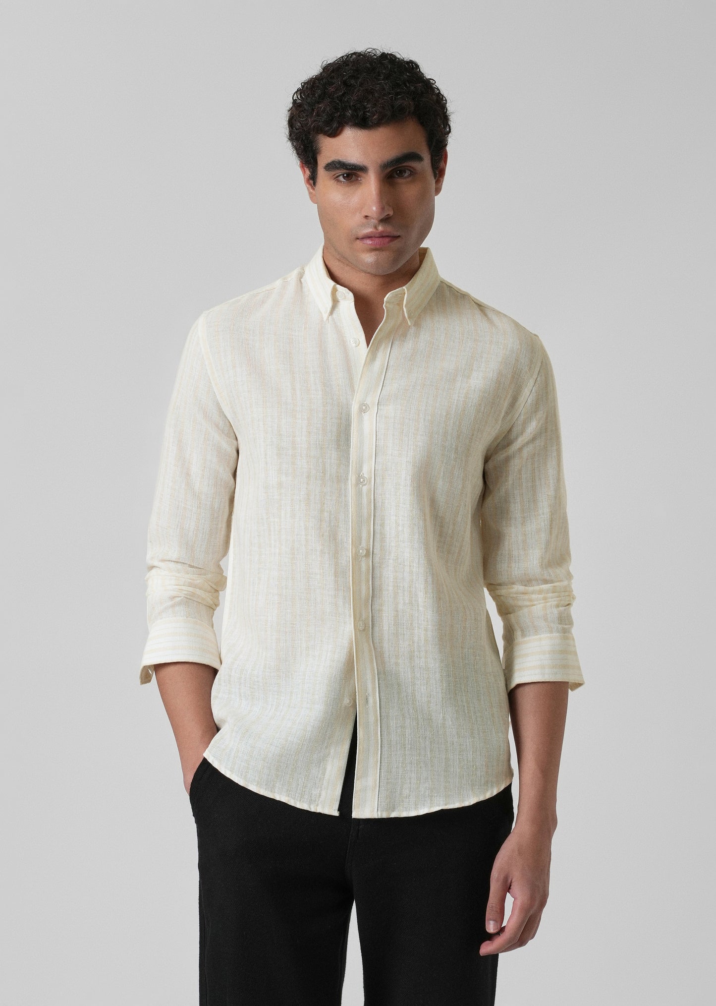 Cream Yellow Linen Stripe Shirt