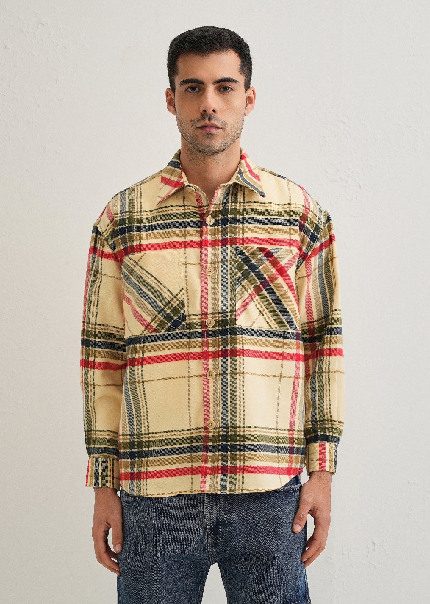Cream Checked Relaxed Fit Shacket