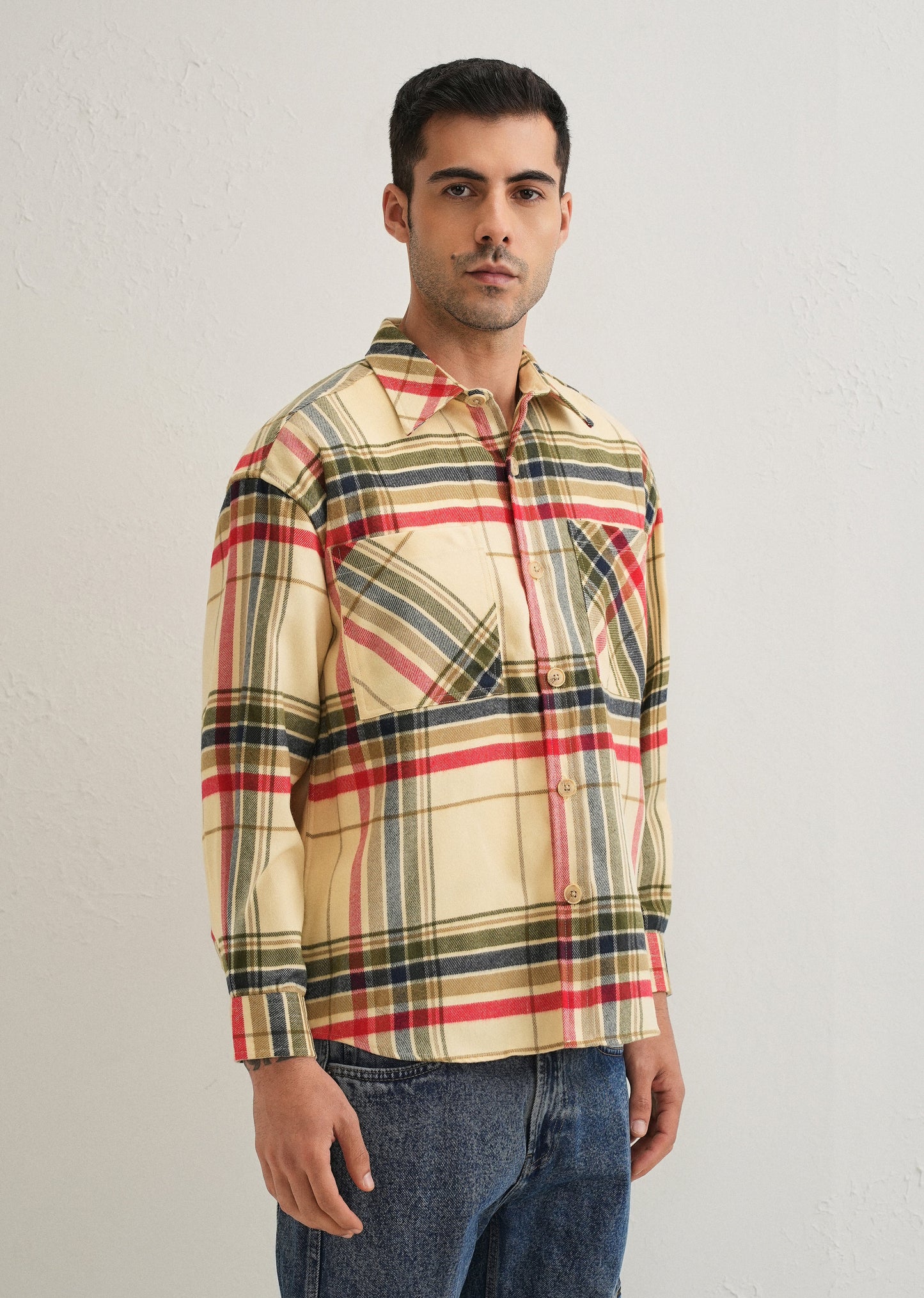 Cream Checked Relaxed Fit Shacket