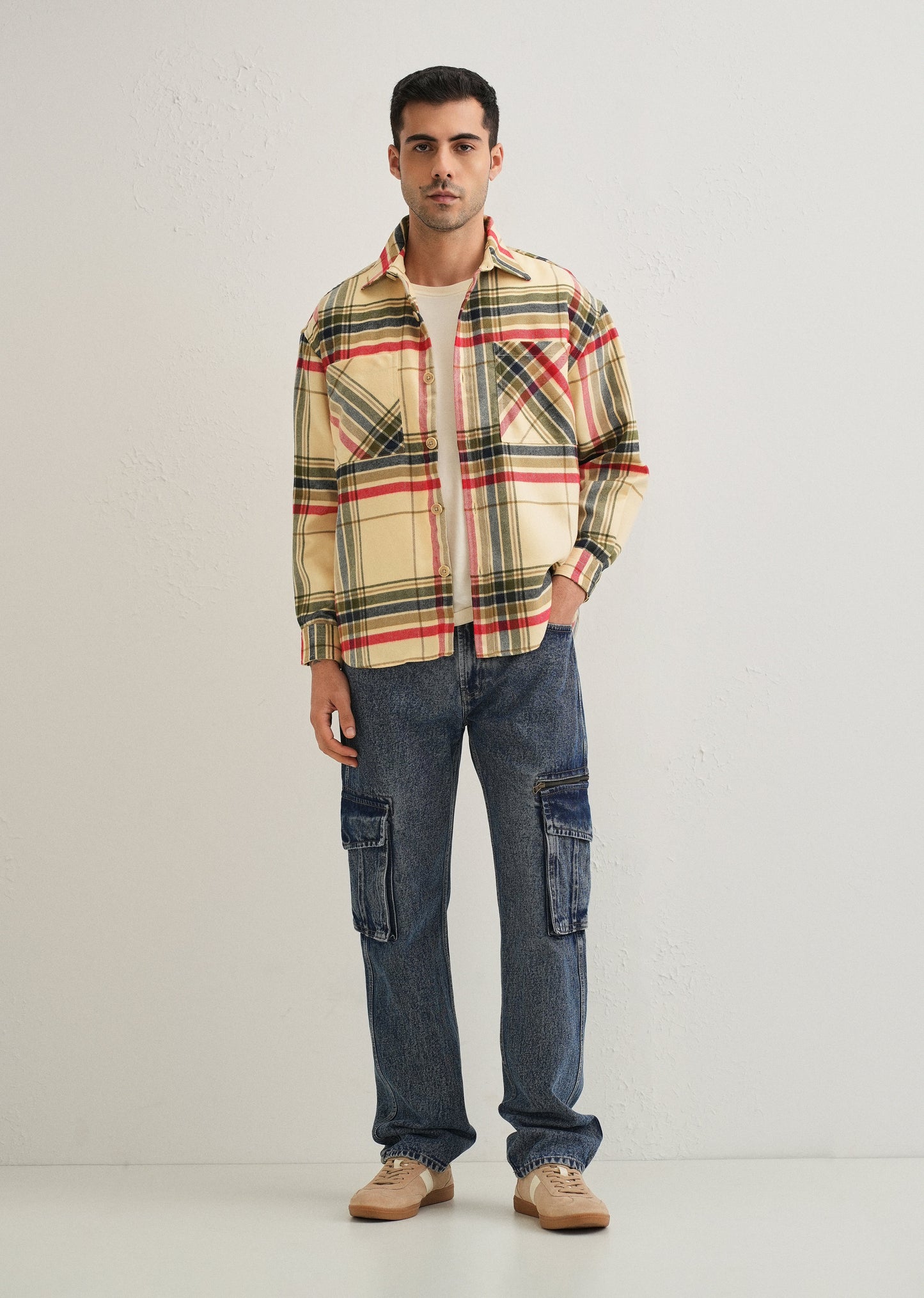 Cream Checked Relaxed Fit Shacket