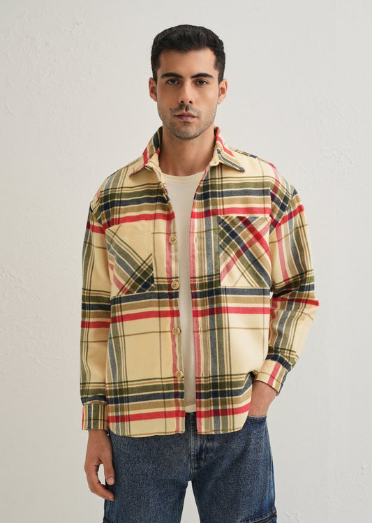 Cream Checked Relaxed Fit Shacket
