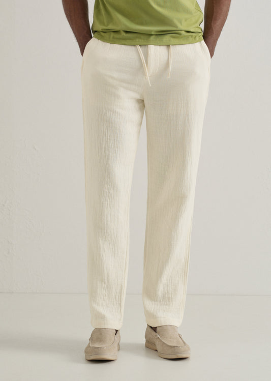 Cream Crinkled Cotton Trouser