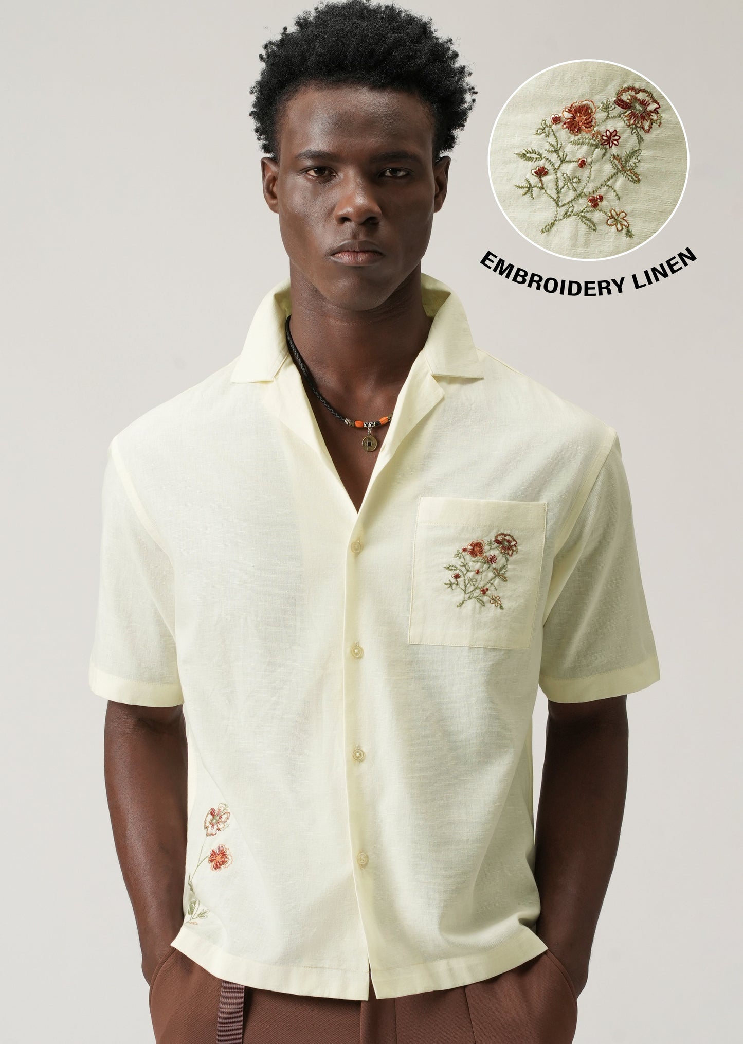 Cream Floral Embroidery Linen Shirt