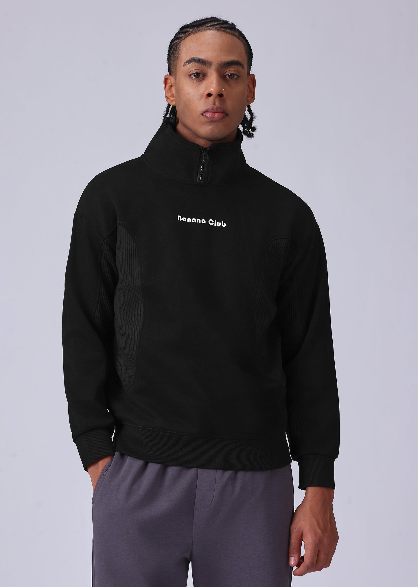 Cut and Sew Black Zipper Sweatshirt