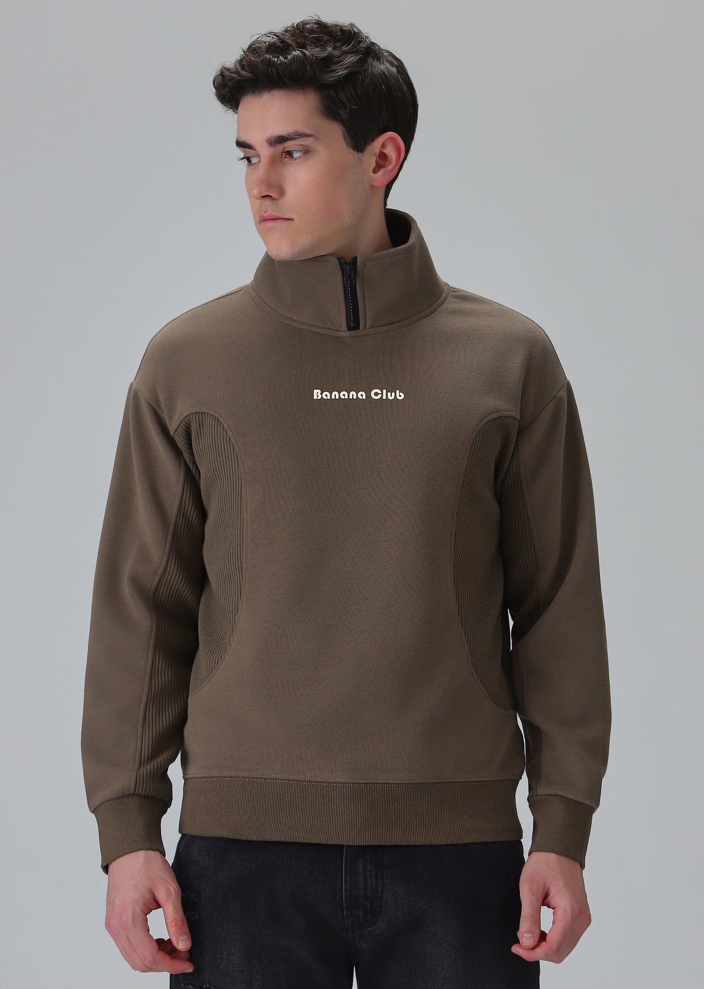 Cut and Sew Brown Zipper Sweatshirt