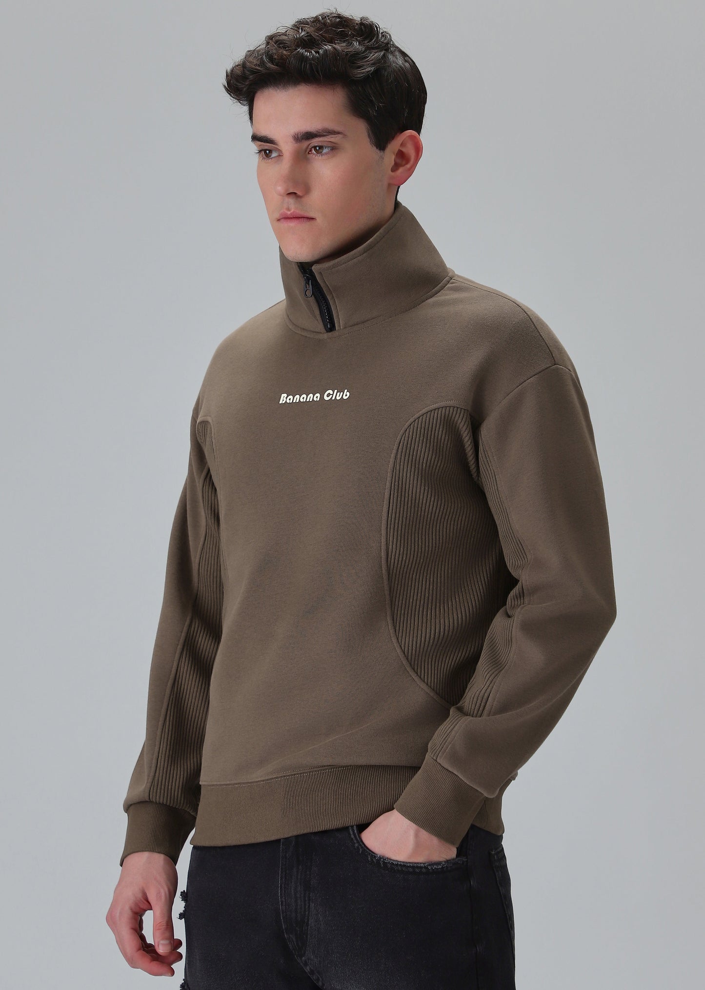 Cut and Sew Brown Zipper Sweatshirt