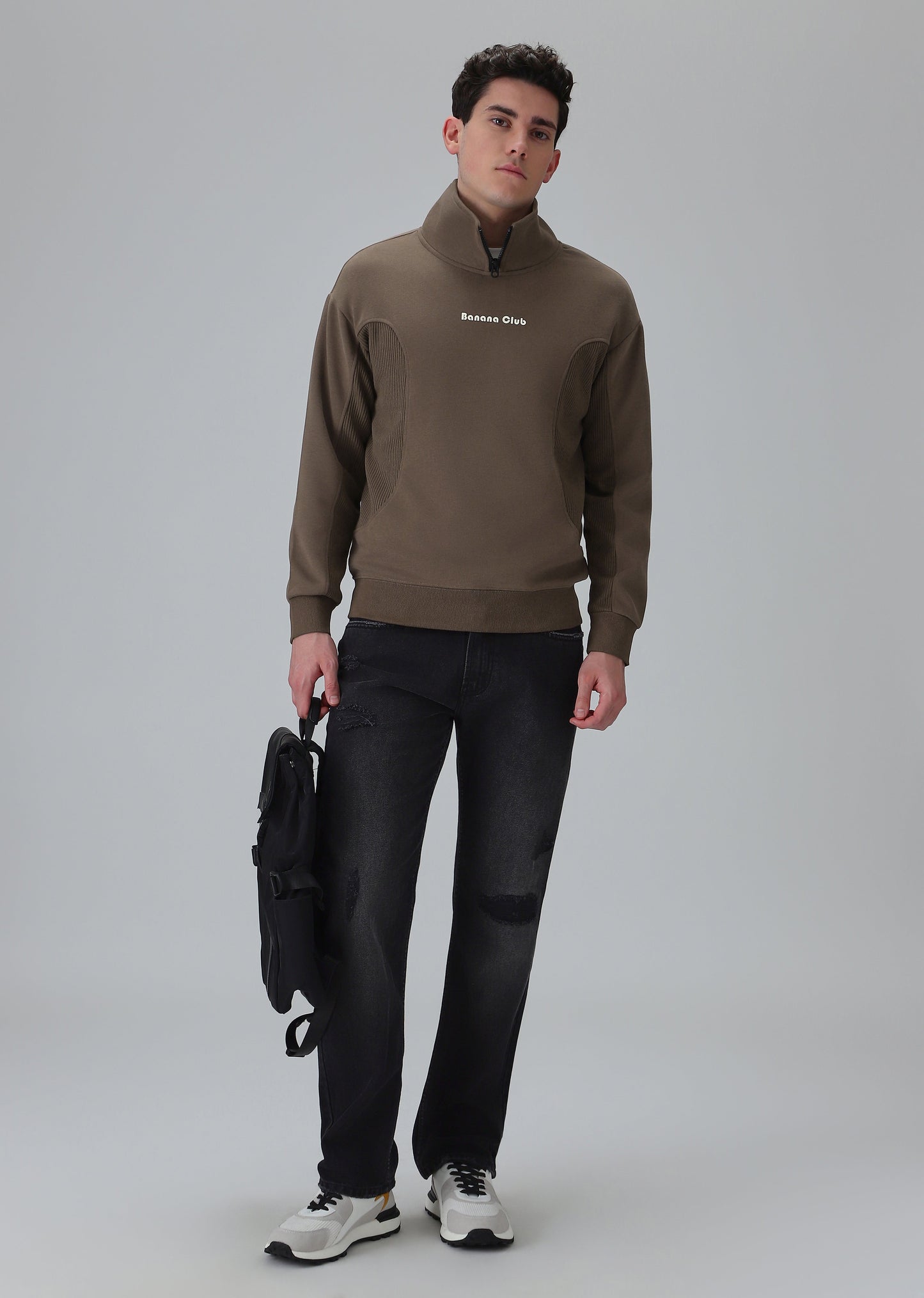 Cut and Sew Brown Zipper Sweatshirt