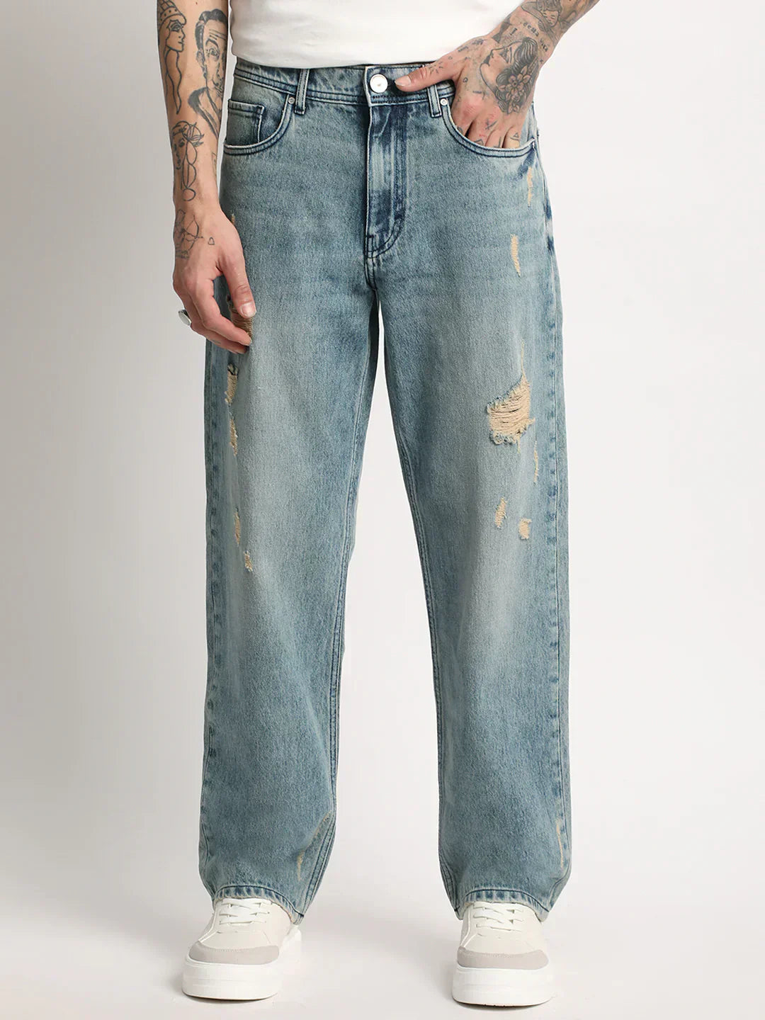 Men Light Blue Solid Mid Rise Straight Fit Jean