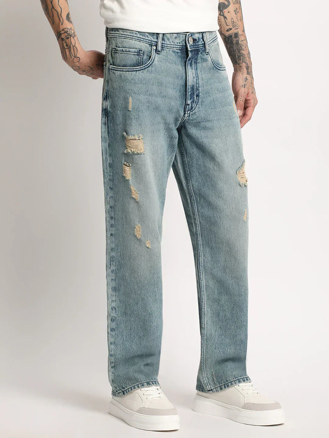 Men Light Blue Solid Mid Rise Straight Fit Jean