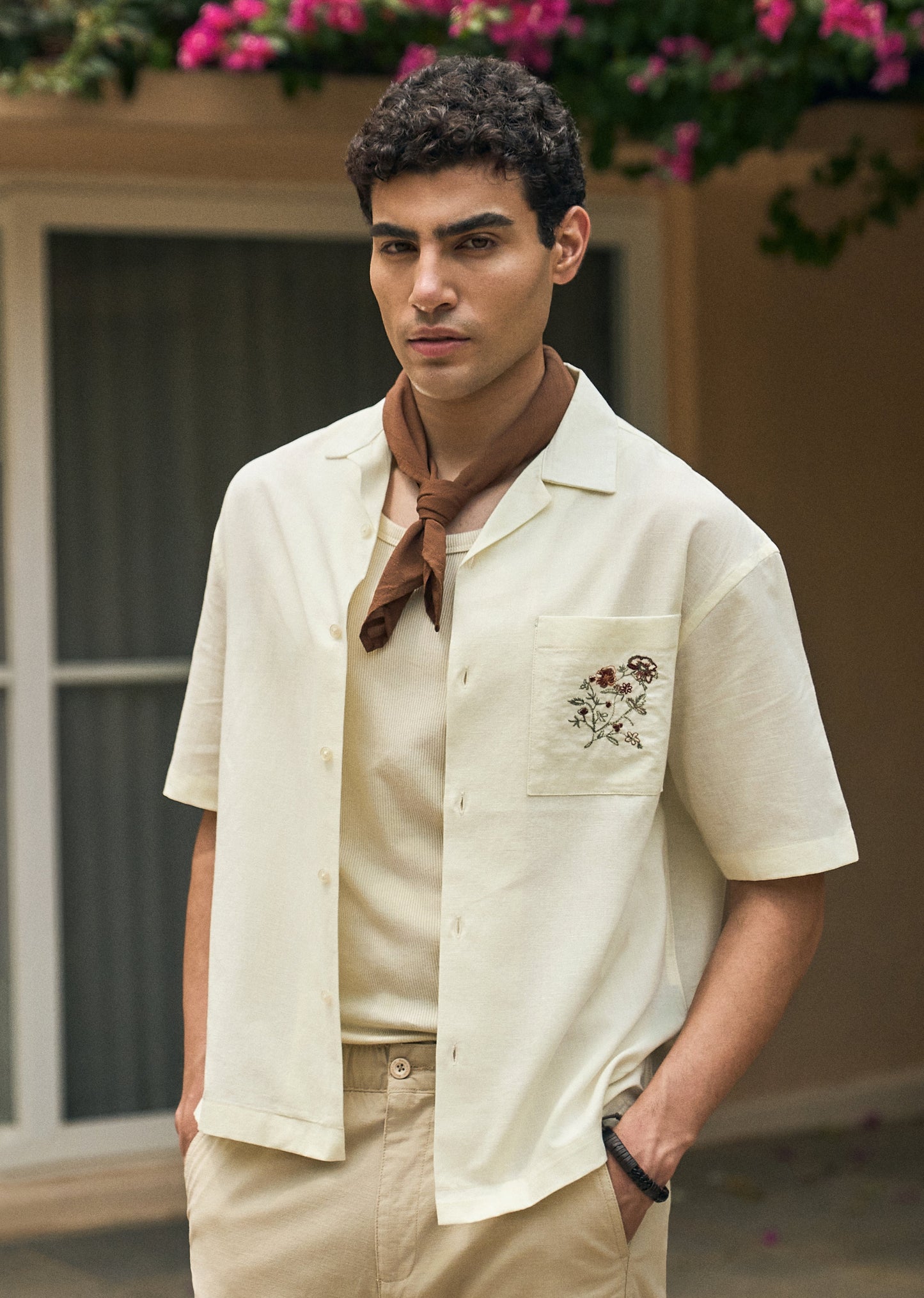 Cream Floral Embroidery Linen Shirt