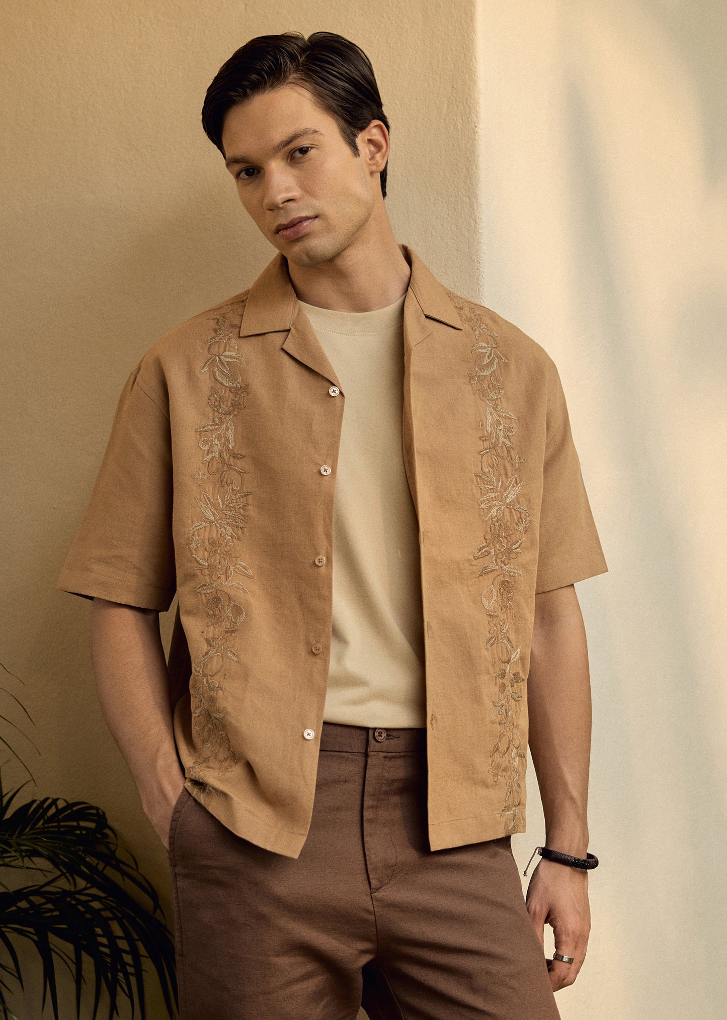 Tan Embroidery Linen Shirt