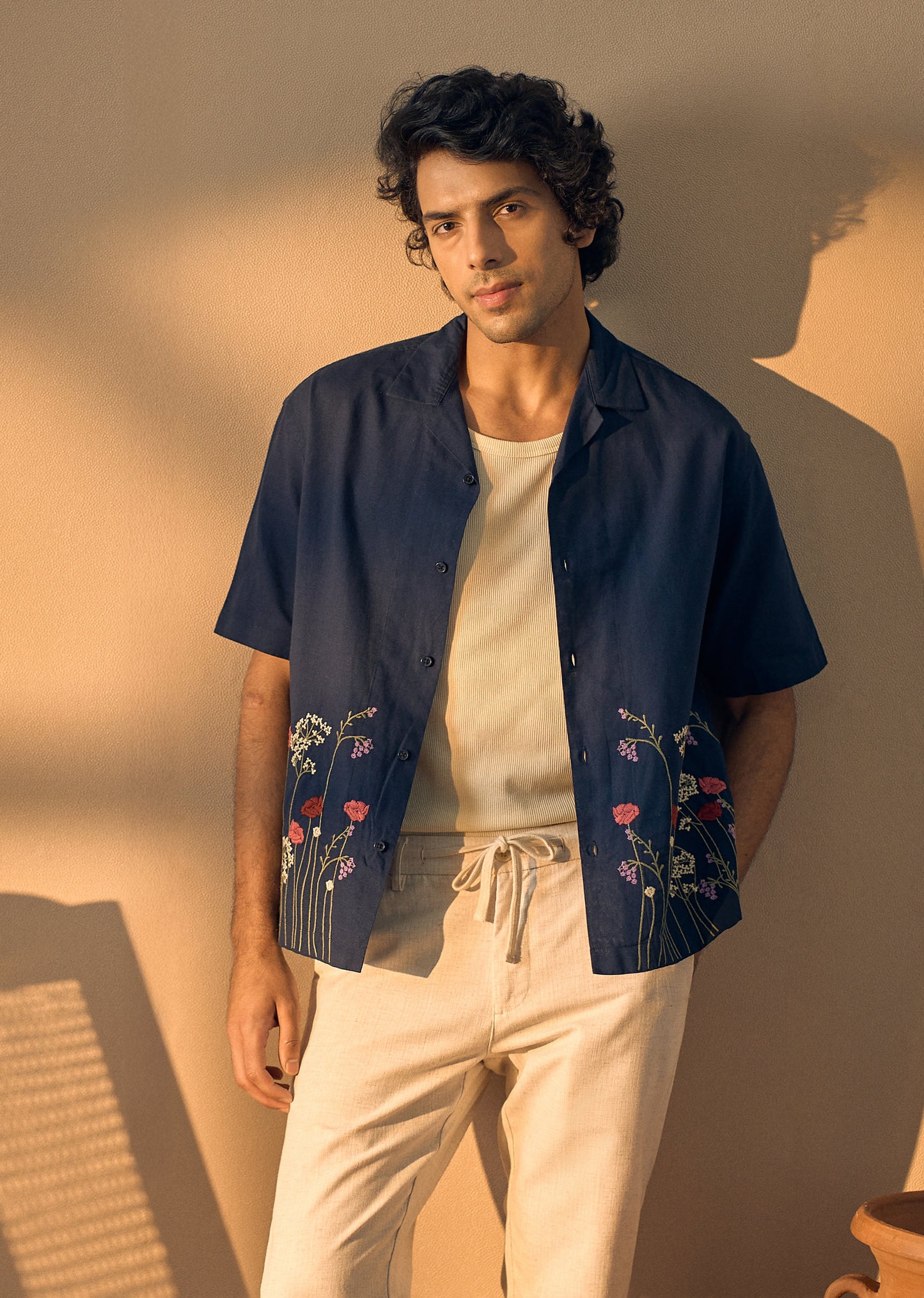Navy Blue Floral Embroidery Linen Shirt