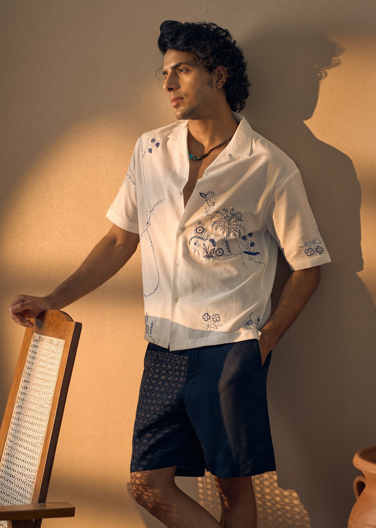 Blue Floral Embroidery Linen Shirt