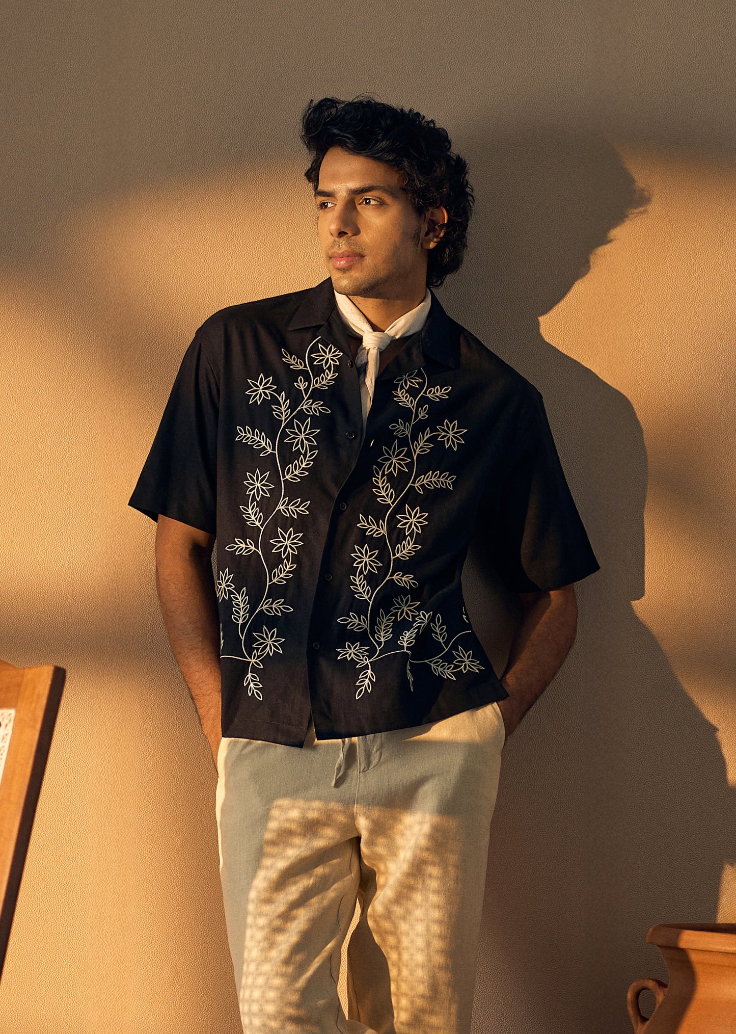 Black Pattern Embroidery Linen Shirt