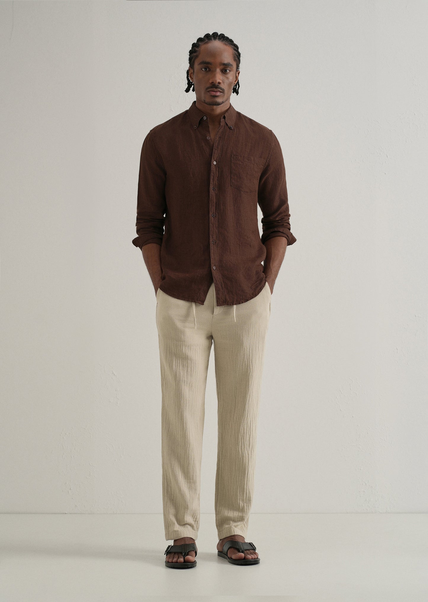 Dark Beige Crinkled Cotton Trouser