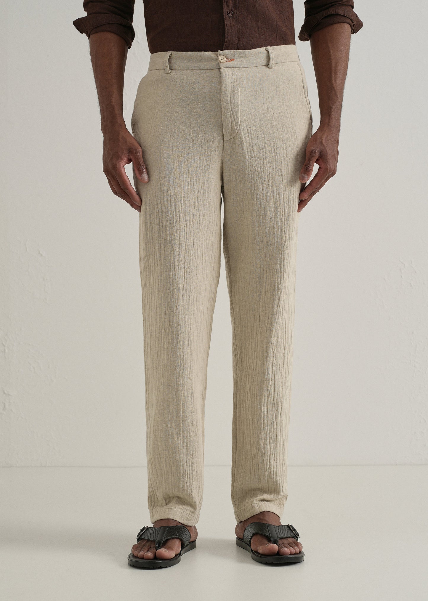 Dark Beige Crinkled Cotton Trouser
