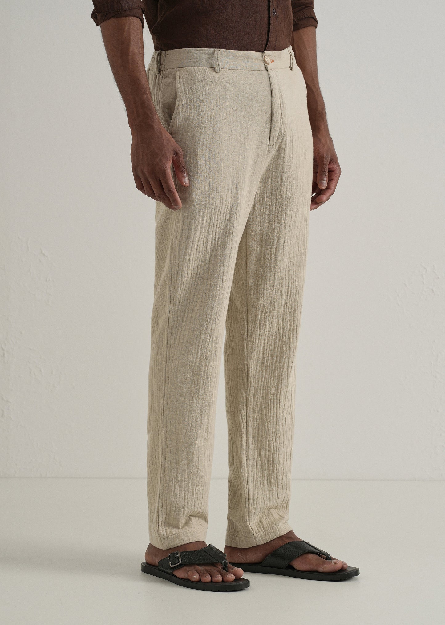 Dark Beige Crinkled Cotton Trouser
