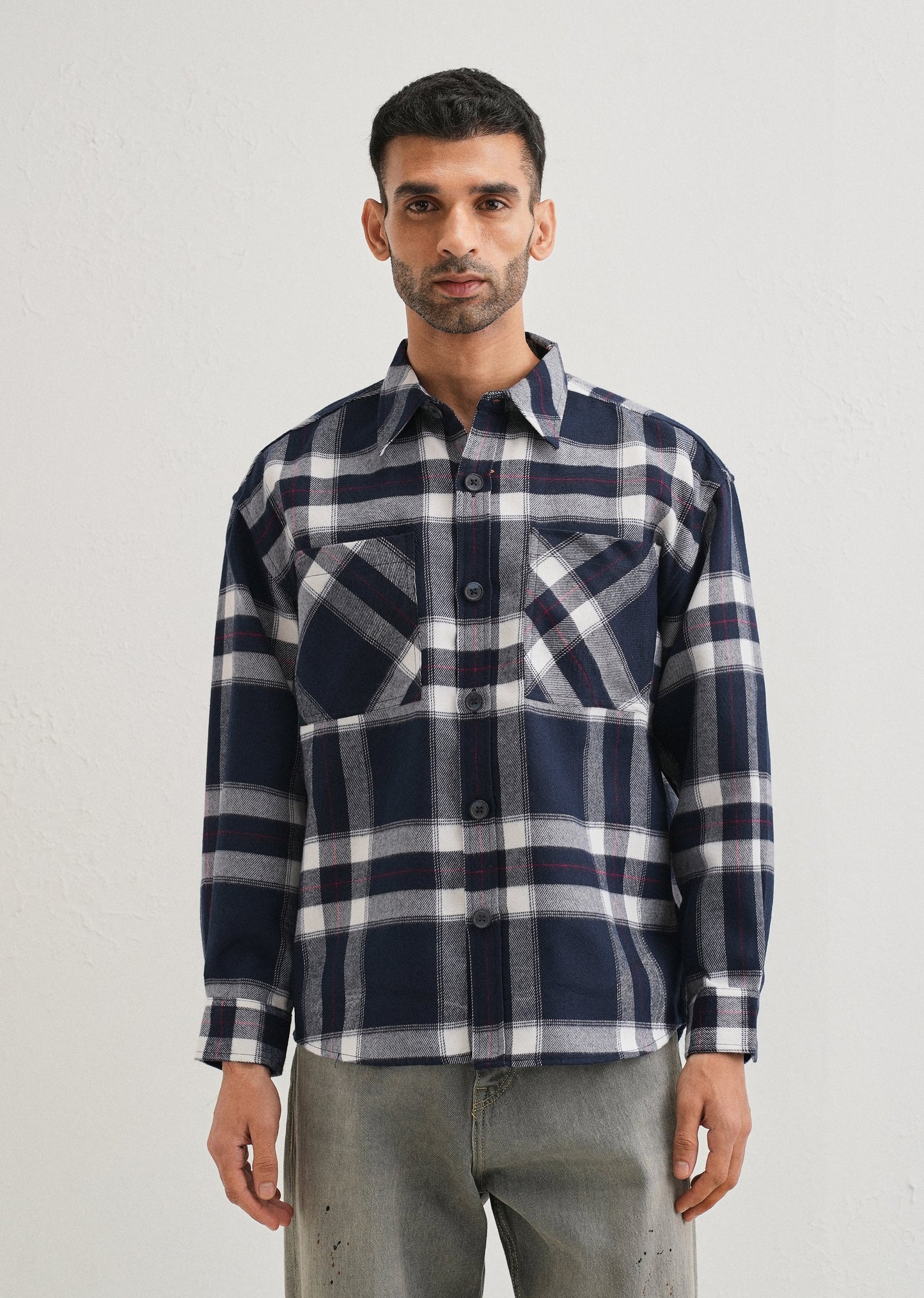 Dark Blue Checked Relaxed Fit Shacket