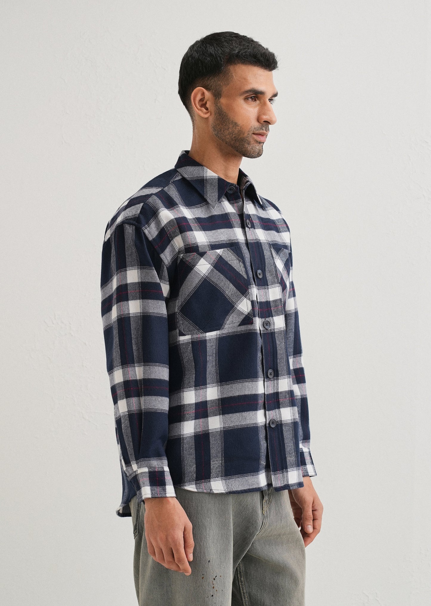 Dark Blue Checked Relaxed Fit Shacket
