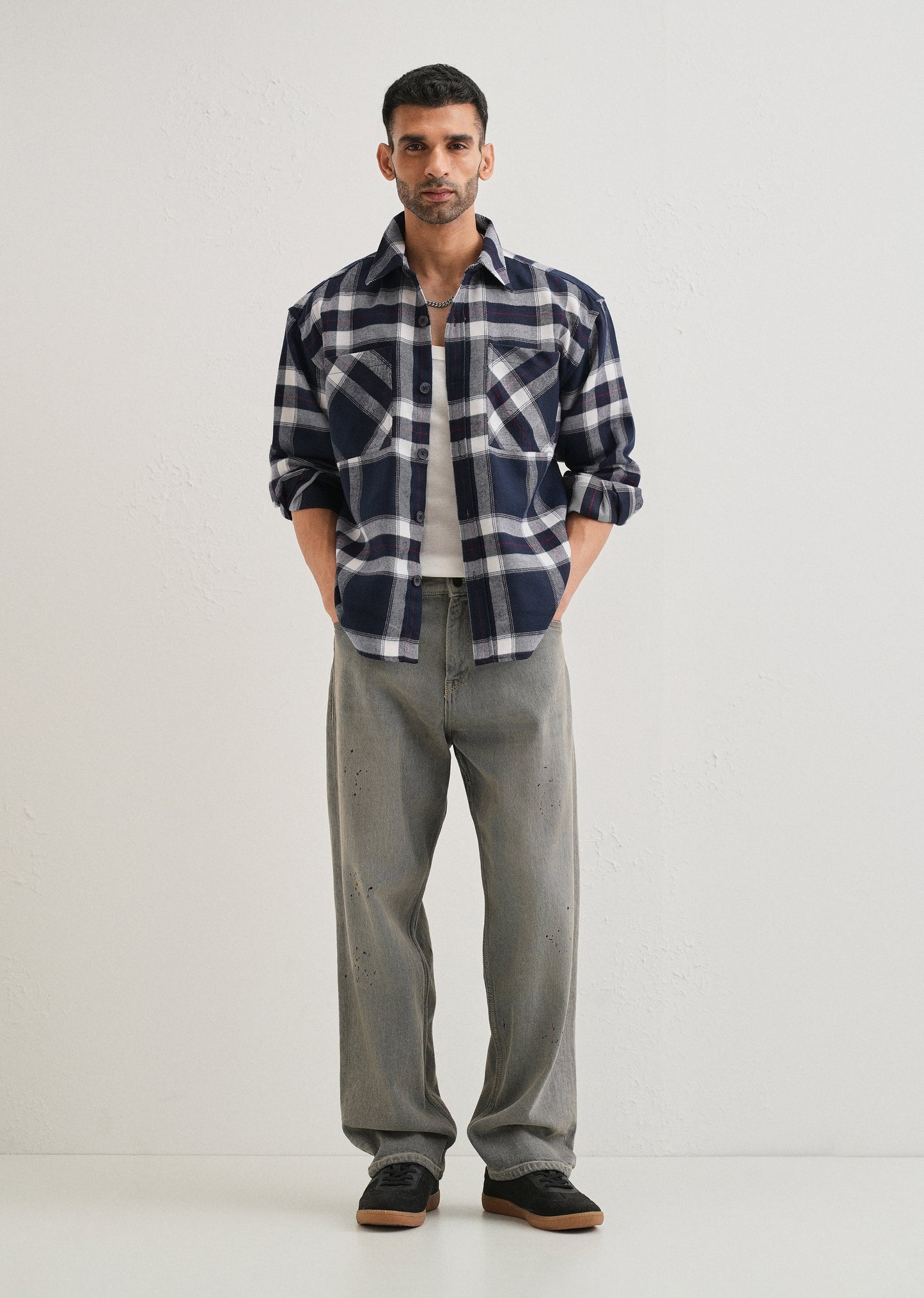 Dark Blue Checked Relaxed Fit Shacket