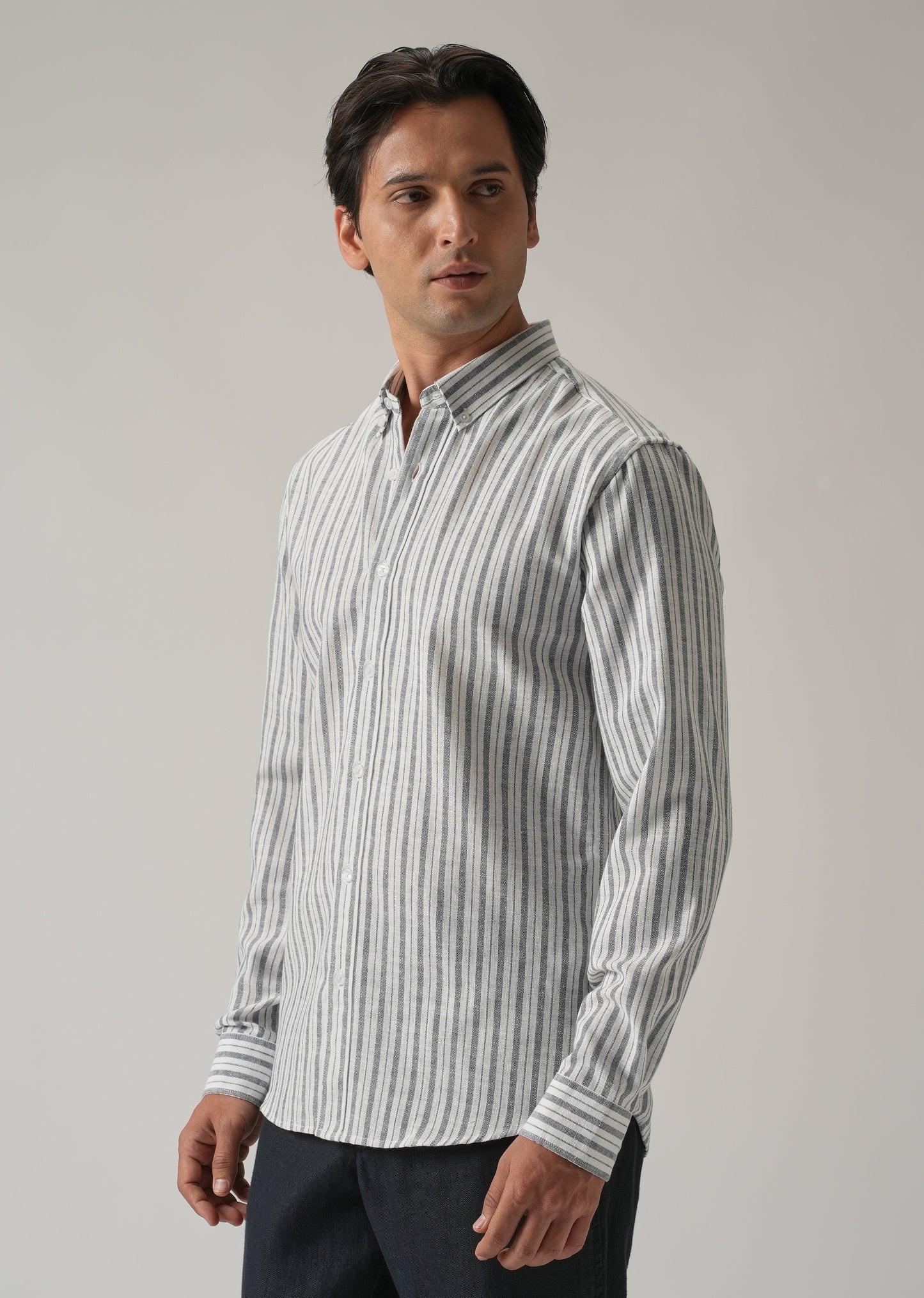 Dark Blue Linen Stripe Shirt