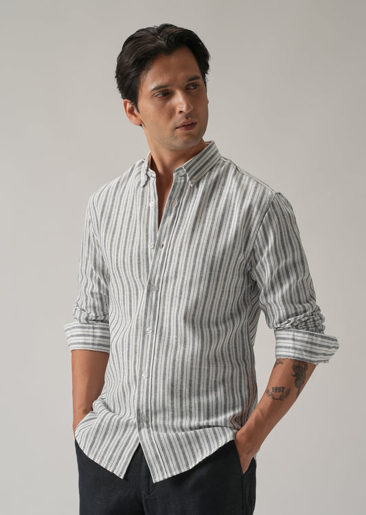 Dark Blue Linen Stripe Shirt
