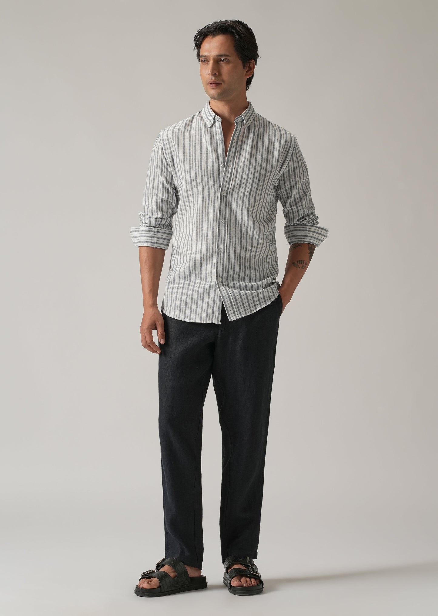 Dark Blue Linen Stripe Shirt