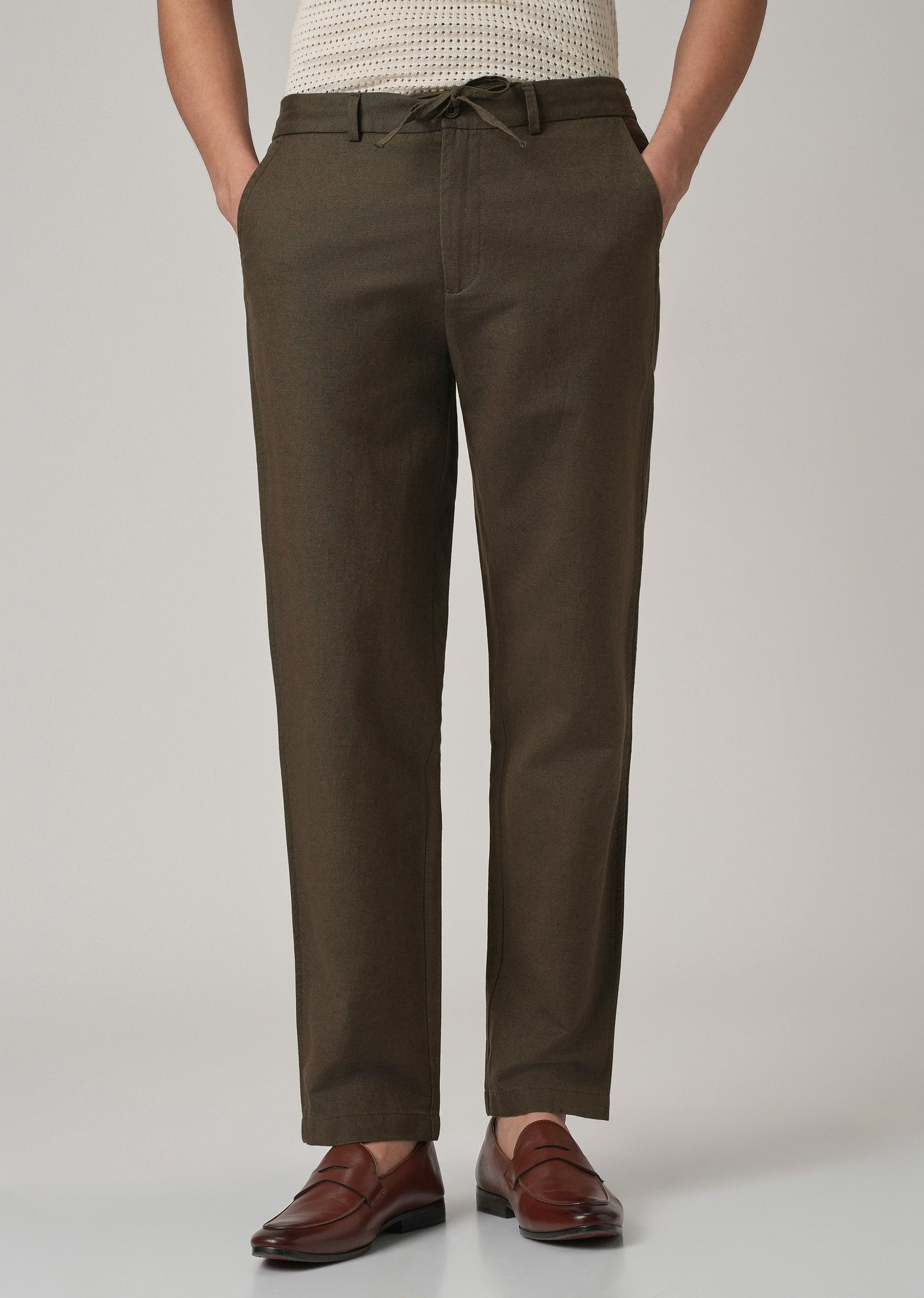 Dark Olive Linen Relaxed Fit Trouser