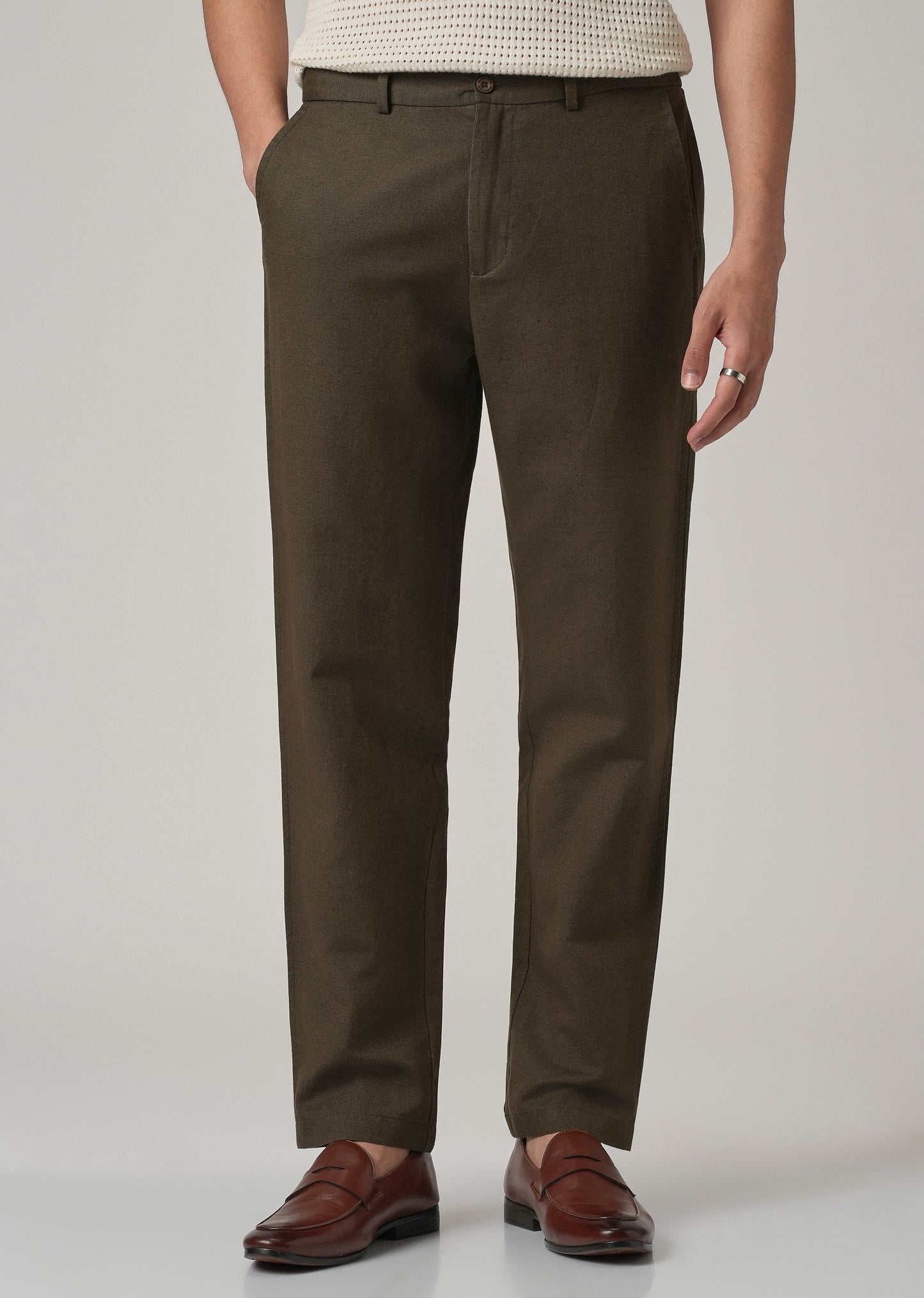 Dark Olive Linen Relaxed Fit Trouser