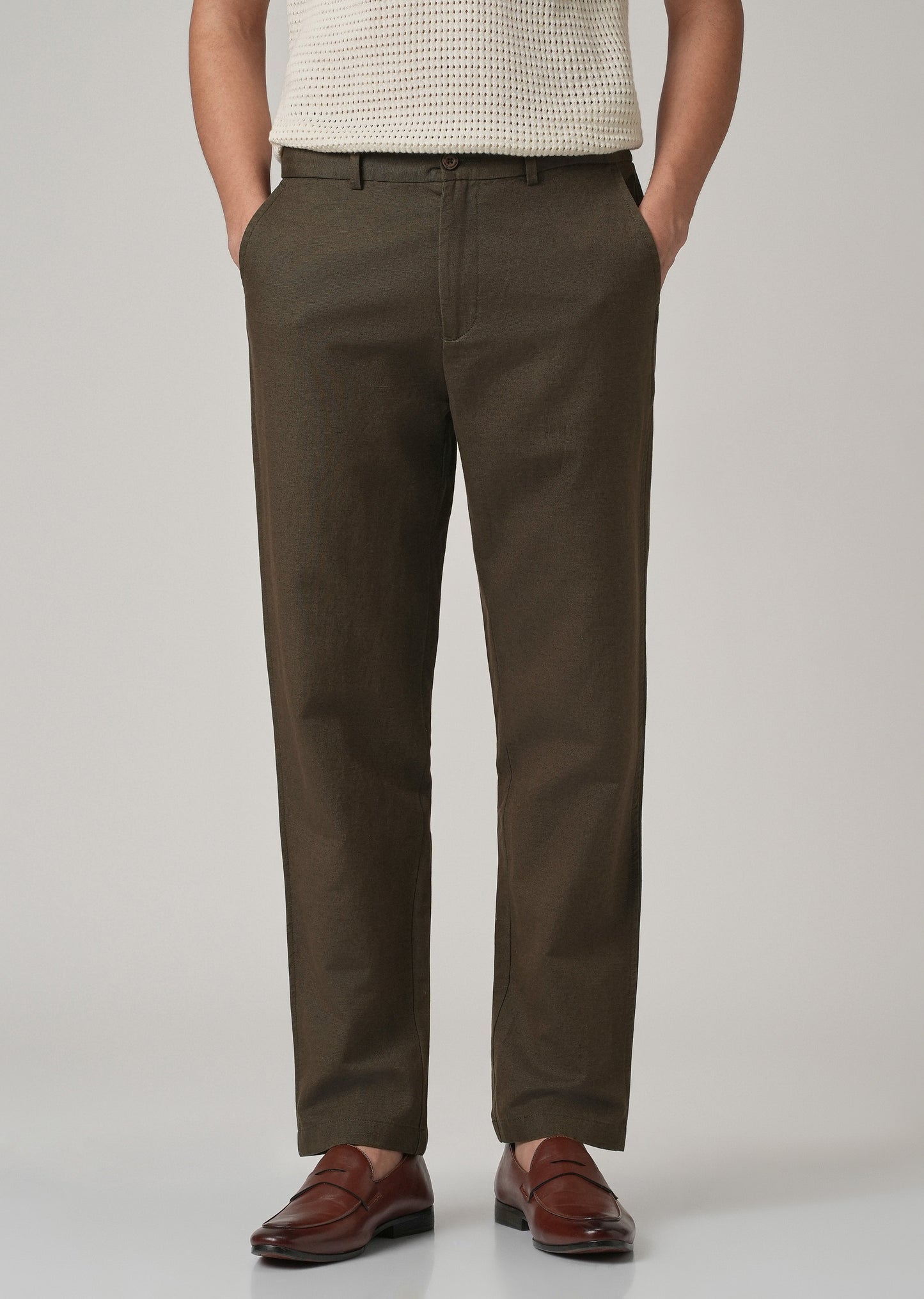 Dark Olive Linen Relaxed Fit Trouser
