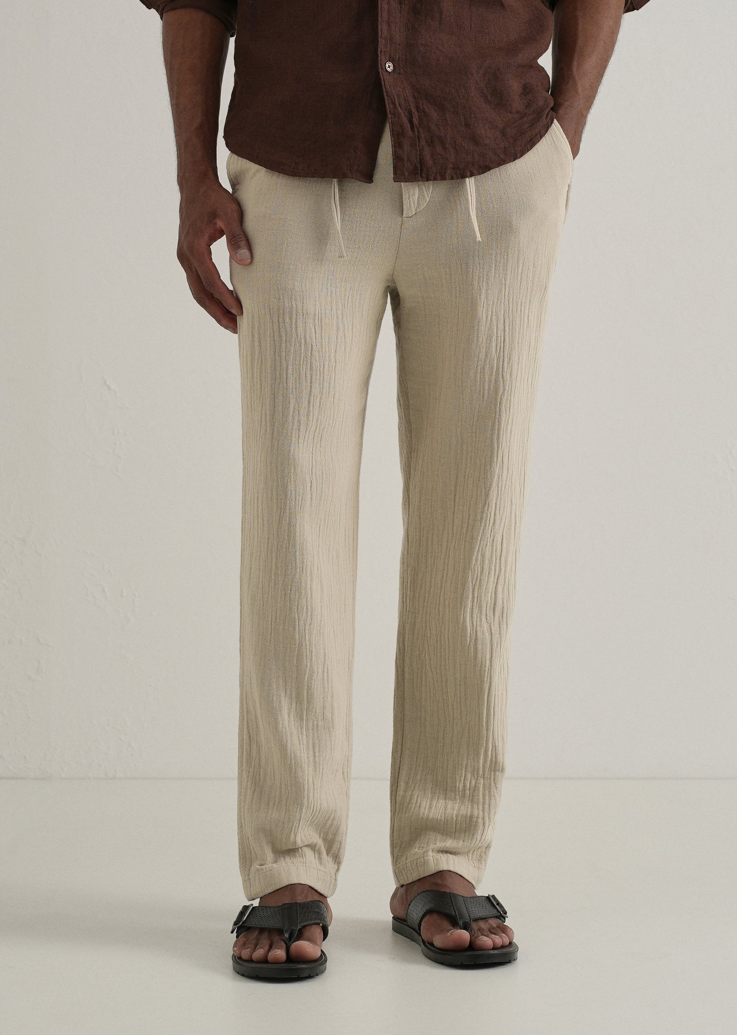 Dark Beige Crinkled Cotton Trouser