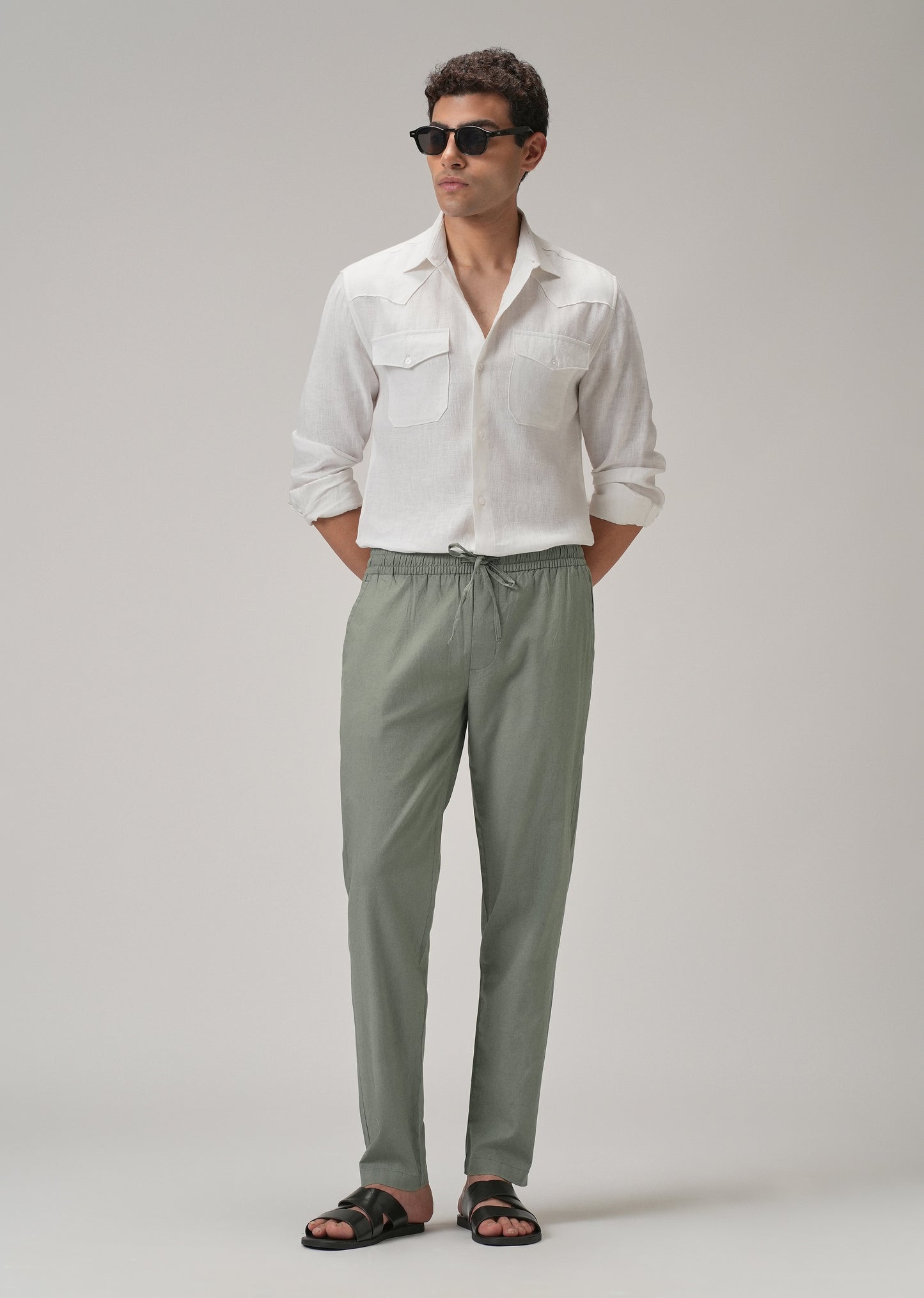 Drawstring Olive Grey Linen Pant