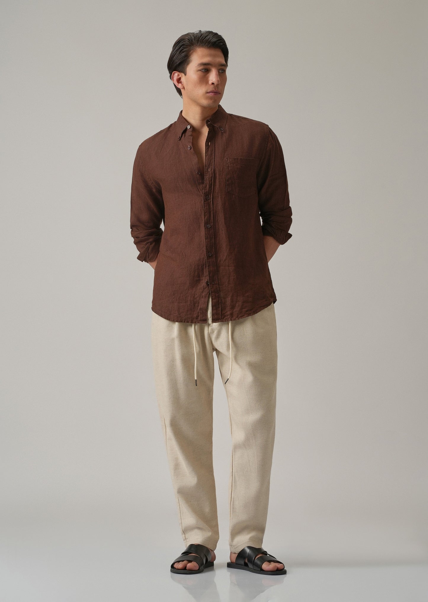 Ecru Beige Blended Linen Pant