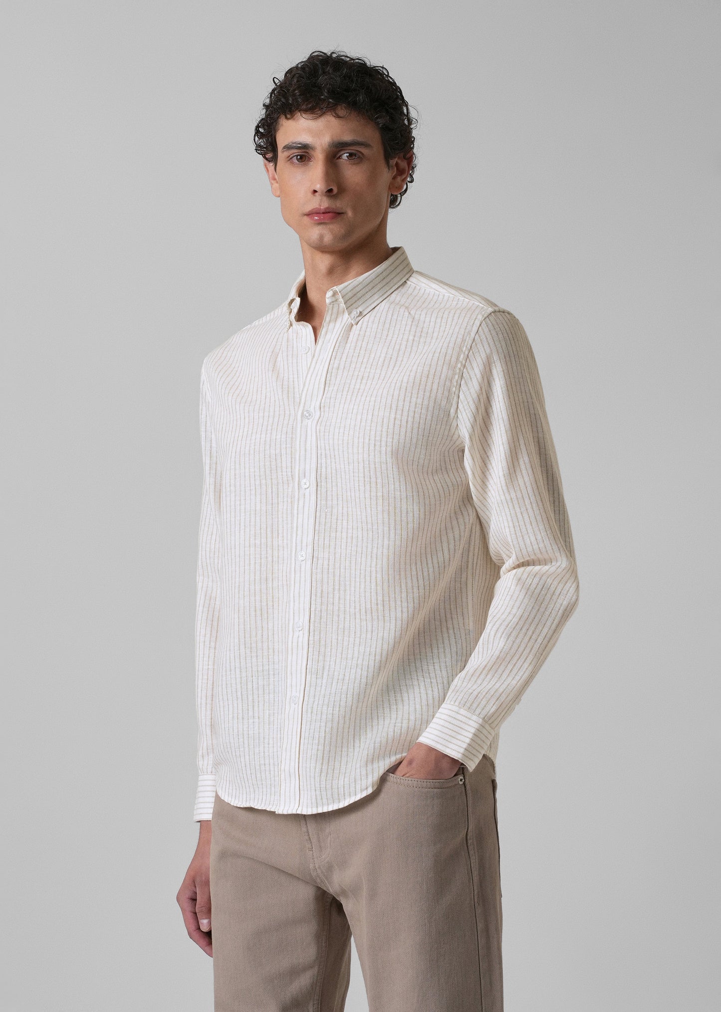 Elegant khaki Stripe Blended Linen shirt