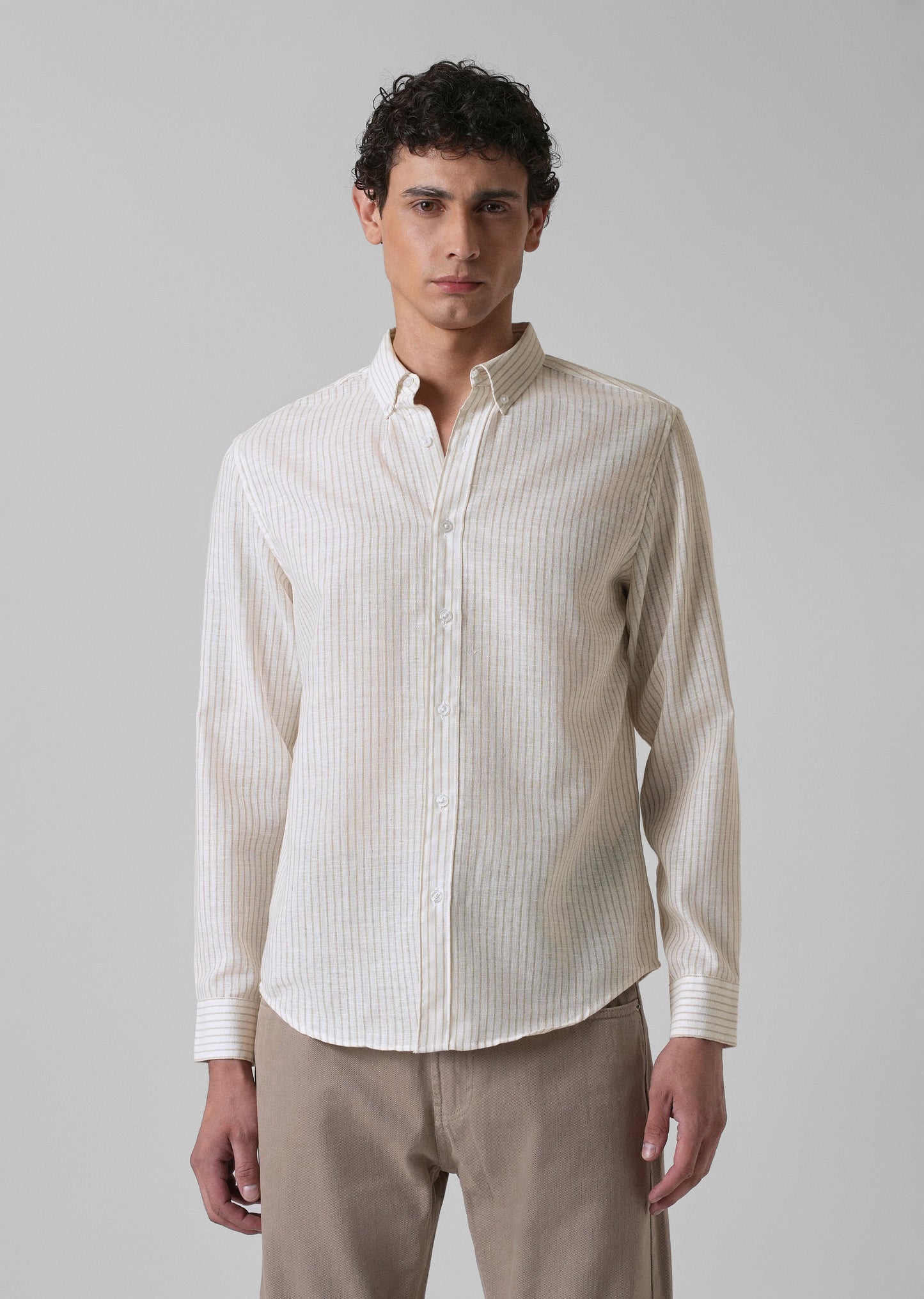 Elegant khaki Stripe Blended Linen shirt