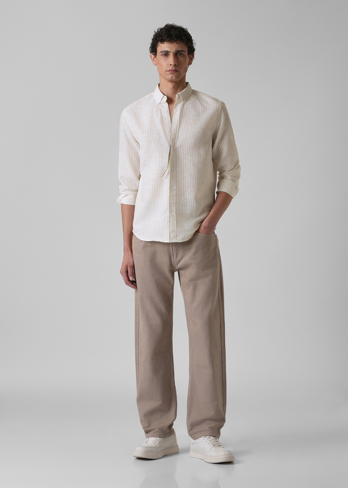 Elegant khaki Stripe Blended Linen shirt