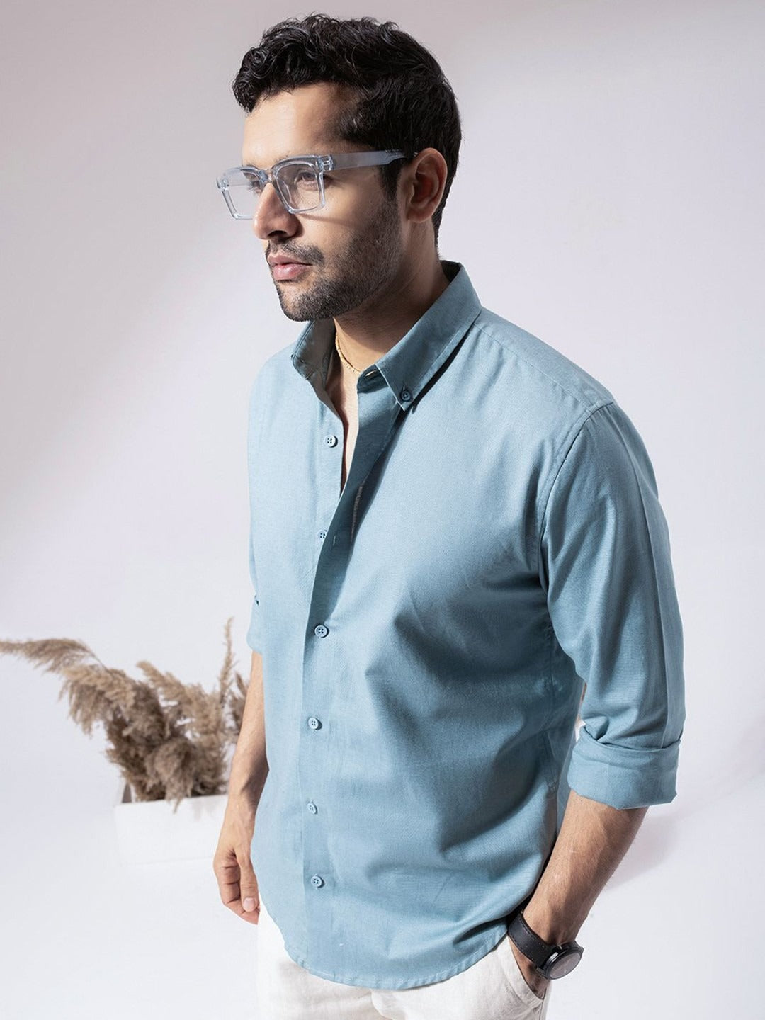 Perch Men Sky Blue Linen Cotton Button Down Solid Shirt