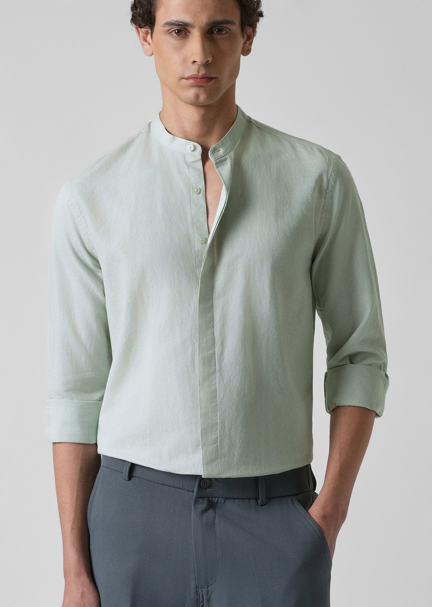 French Mist Green Cotton Linen Shirt