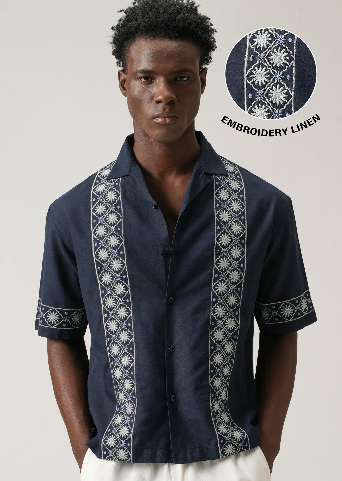 Geometric Embroidery Linen Shirt