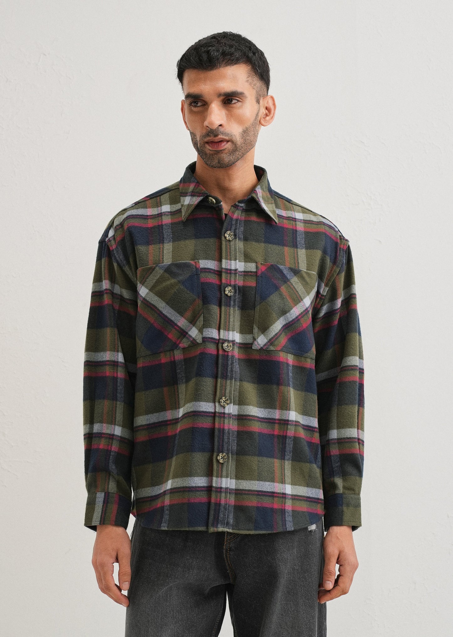 Green Checked Relaxed Fit Shacket