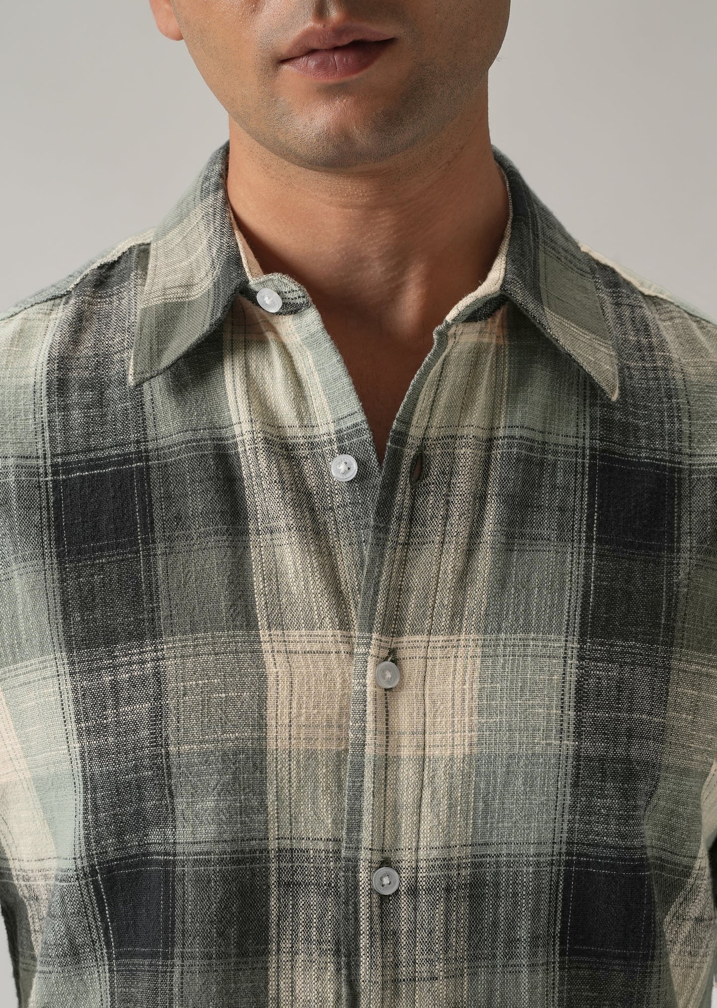 Green Cotton Linen Box Check shirt
