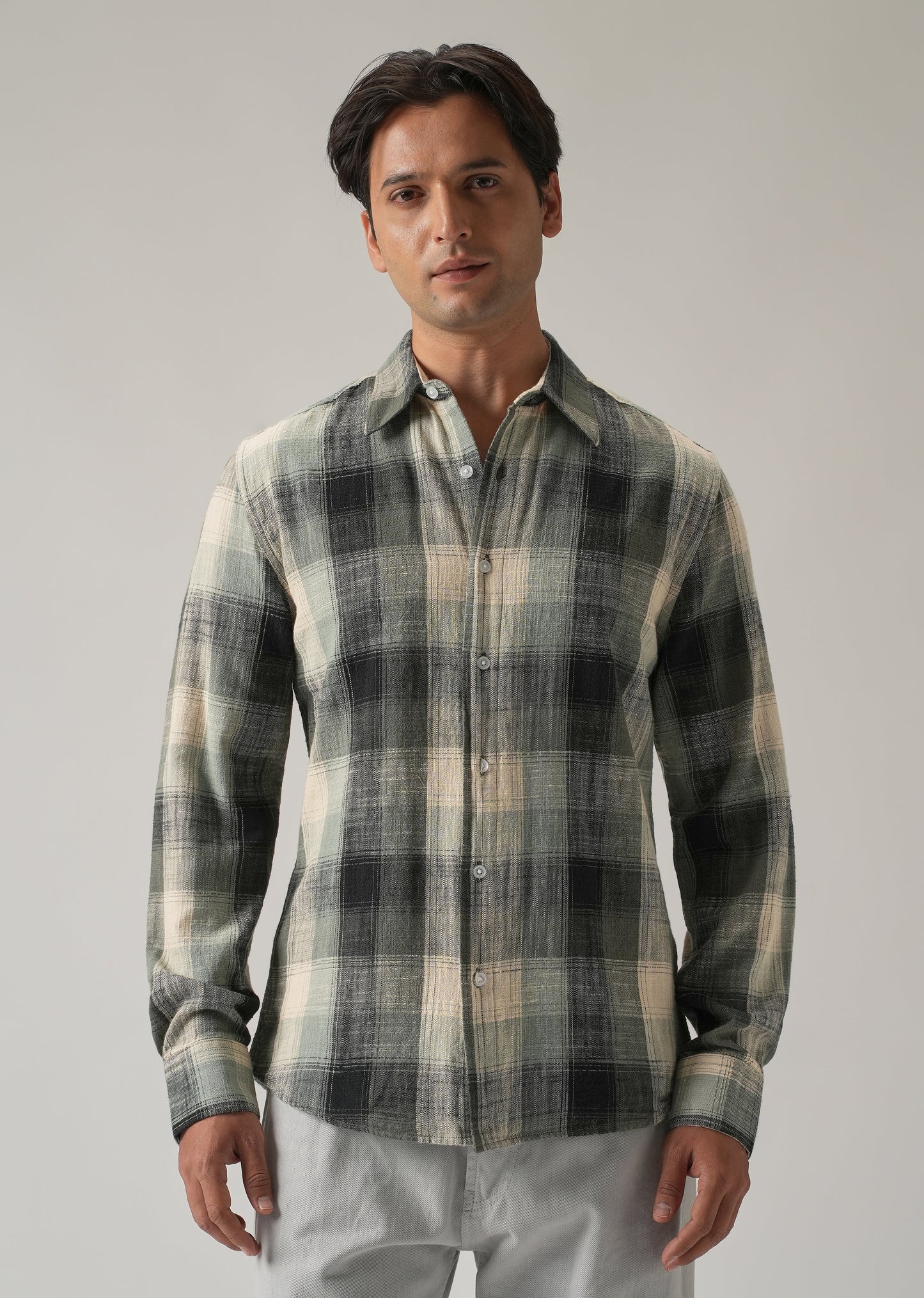 Green Cotton Linen Box Check shirt