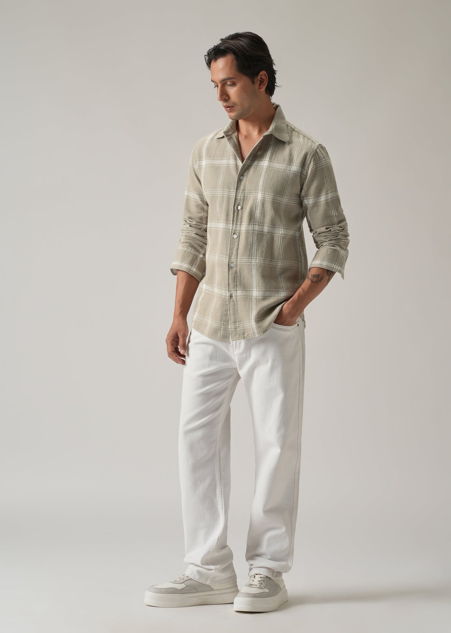Green Cotton Linen Check shirt