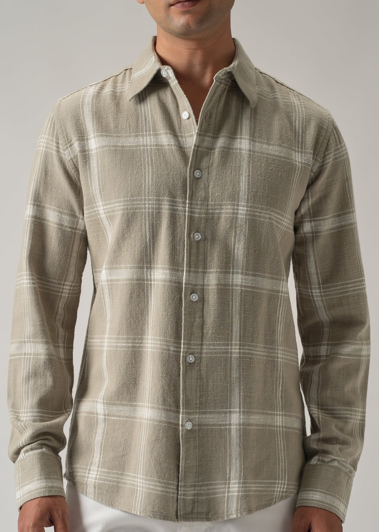 Green Cotton Linen Check shirt