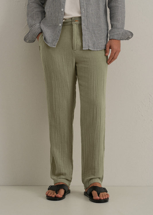 Green Crinkled Cotton Trouser