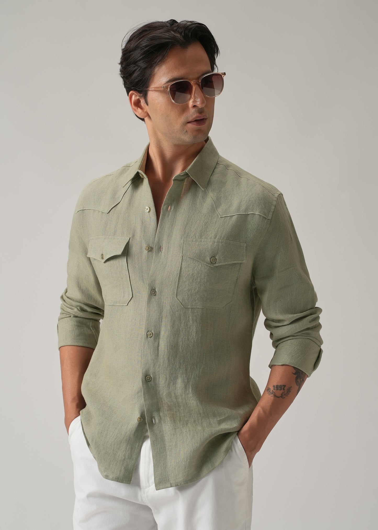Green Double Pocket 100% Pure Irish Linen Shirt